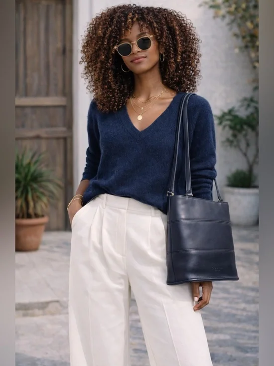 Coach Navy Blue Leather Tote Shoulder Bag Classic Minimalist - Picture 1 of 11